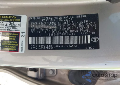 2009 Toyota Camry Le из США, поврежденный, VIN 4T1BE46K39U795444